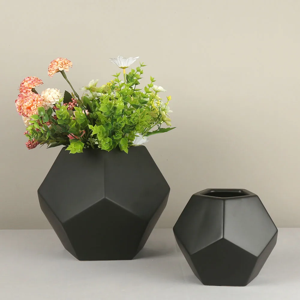 Custom Design Pentagon Shape Matte Black Ceramic Planter Pot Set of 3pcs