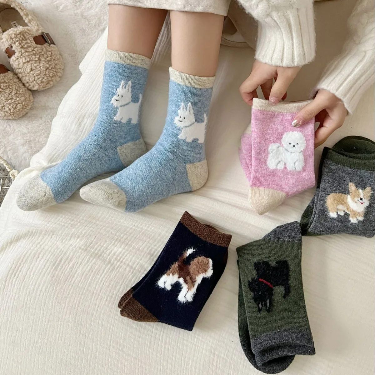 Winter Fuzzy Cartoon Dog Wool Knit Socks