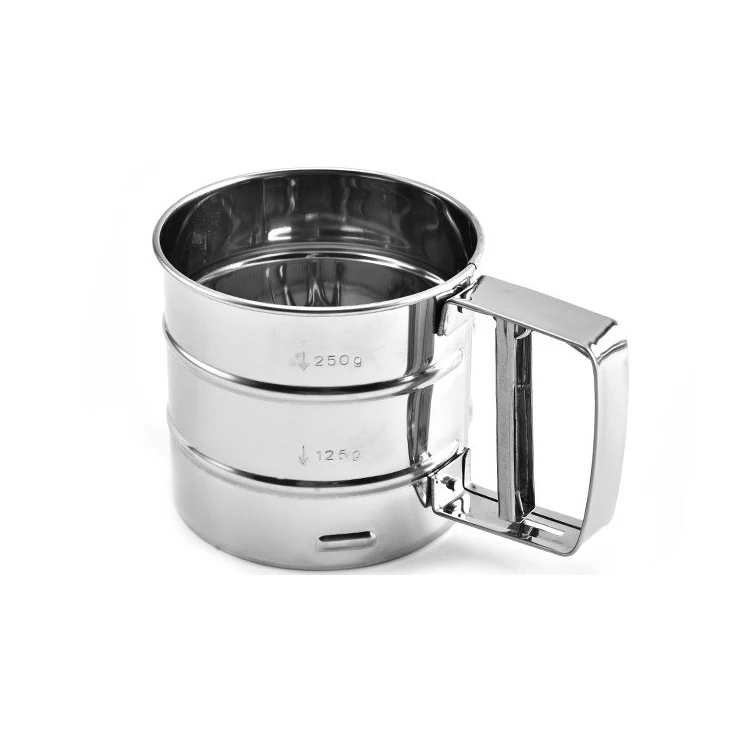 Commercial large capacity save effort round hand held cup shape rotary press handle manual sieve stainless steel flour sifter