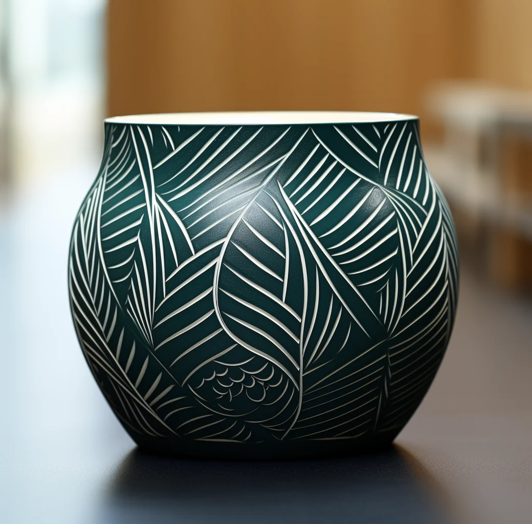 5 inch Ceramic Flowerpot Plant Vase - Woodcut-Inspired Graphics, Dark Teal and Dark White Artistry with Art Deco Flair