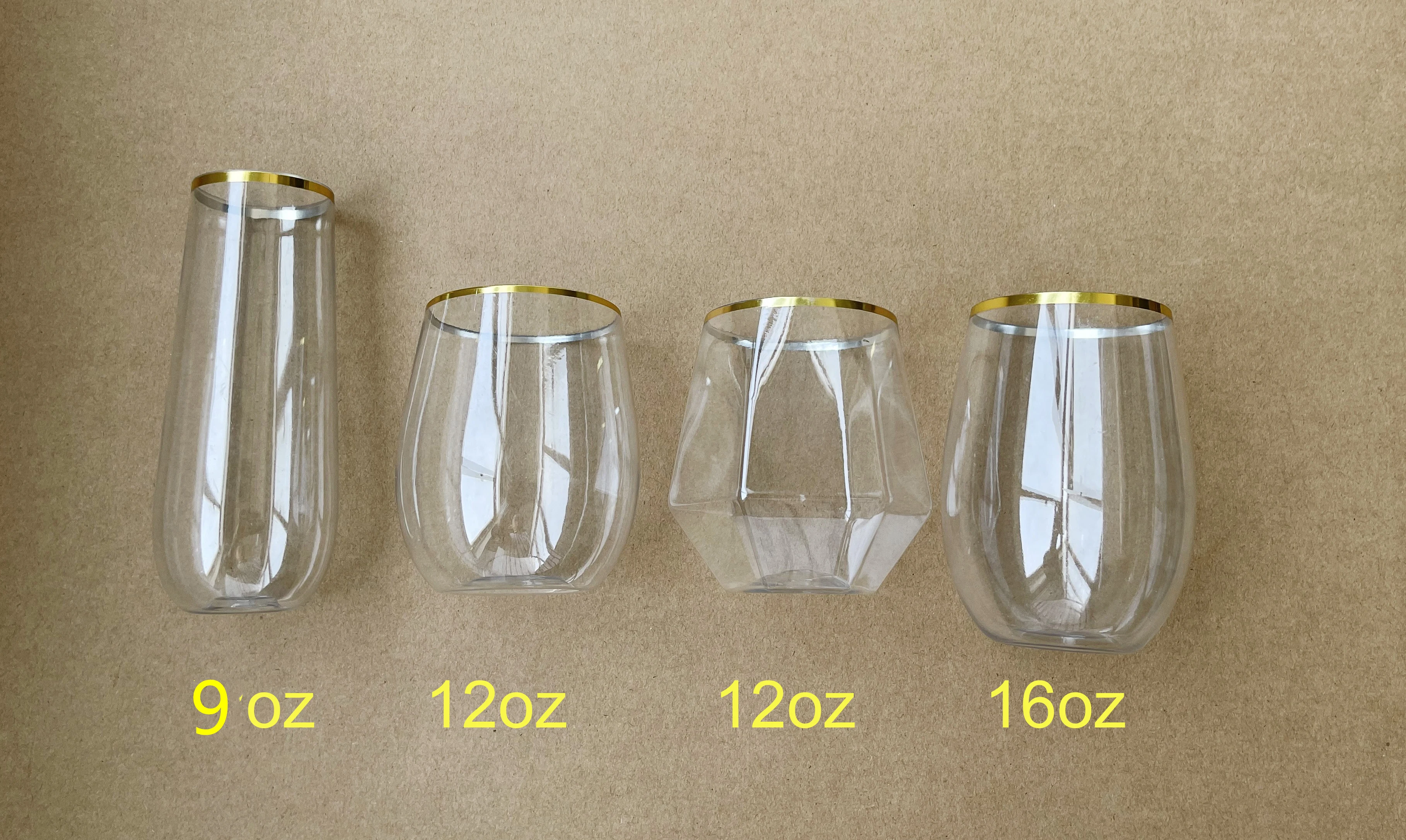 12oz Gold rim PET Plastic Unbreakable Stemless Wine Glass Champagne whisky cups