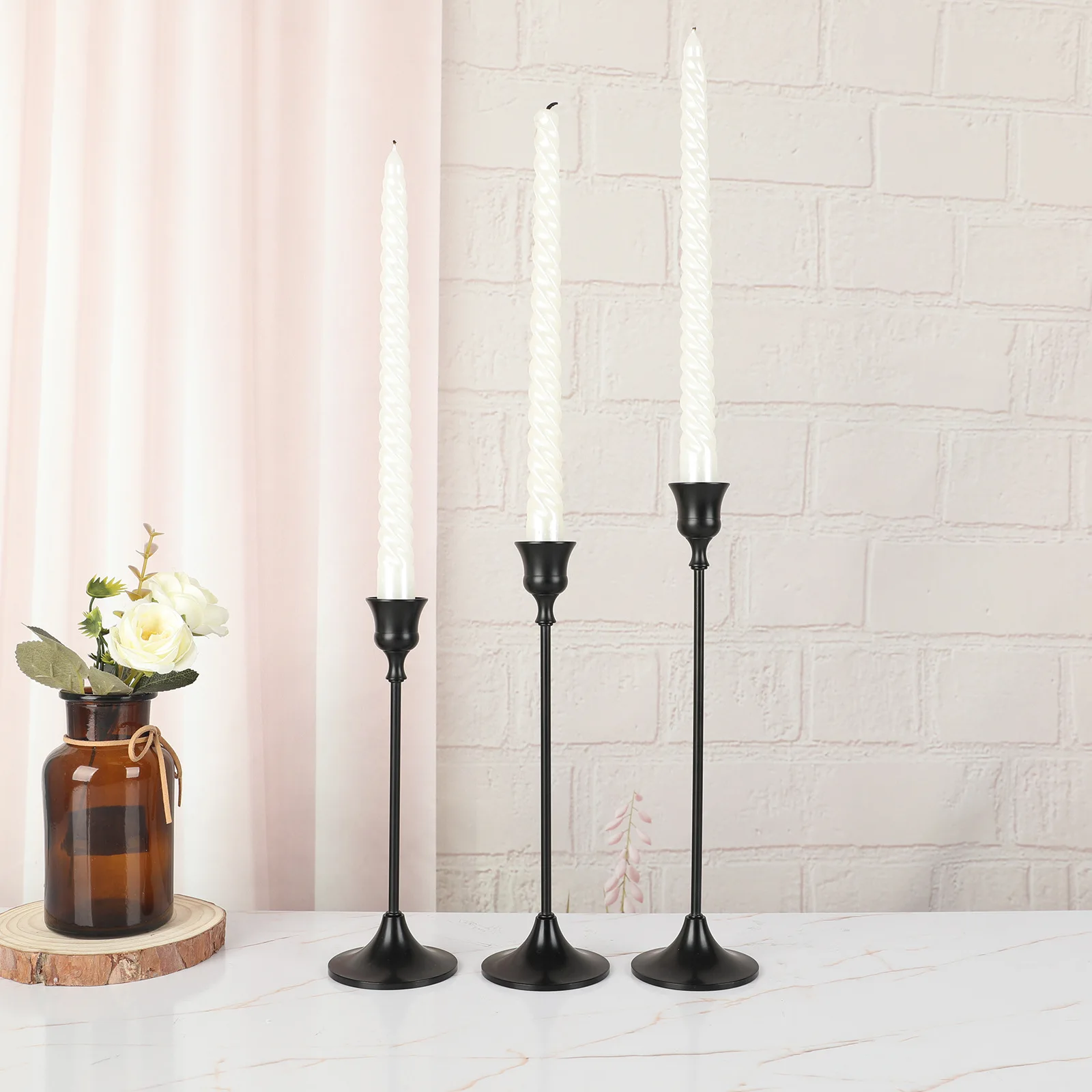 Romantic Candlestick Holder Matte Black Candle Holder Set of 3 Decorative Tulip Candle Holder for Taper Candle