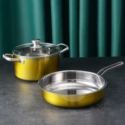 Home general stainless steel milk pot soup pot frying pan set with with glass lid