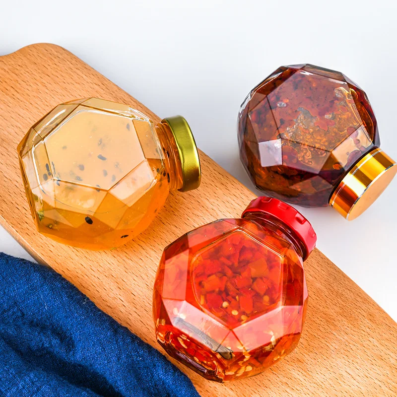 High quality 200ml 380ml glass honey pot transparent hexagonal container Glass jam honey jar with wooden spoon and bamboo cork