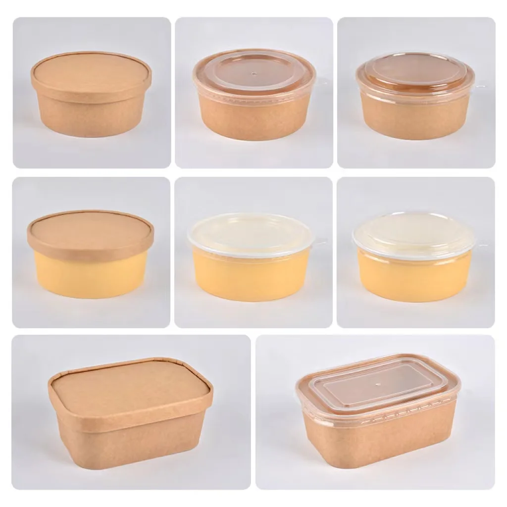 IMEE Round Rectangle Disposable Take Out Kraft Paper Bowl 500ml, 750ml, 1000ml 1100ml Salad Noodles Pasta Cake Container