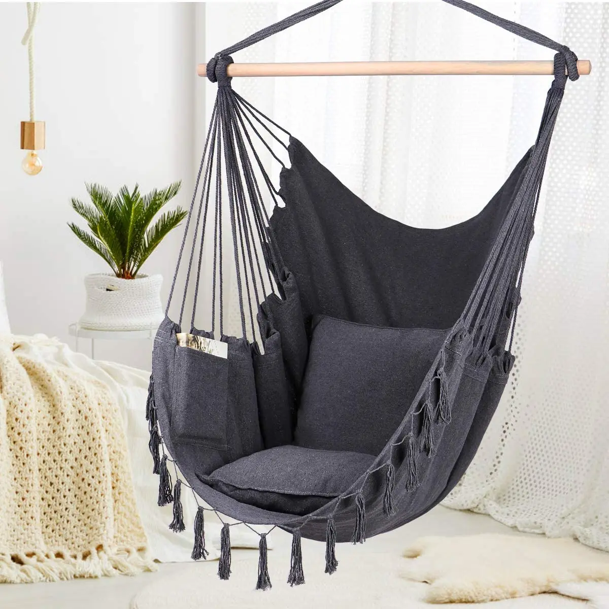 Amazon Hot Sale Large Hammock Chair Hanging Rope Swing Seat for Indoor & Outdoor Quality Cotton Canvas Swing Chair 2 Cushions