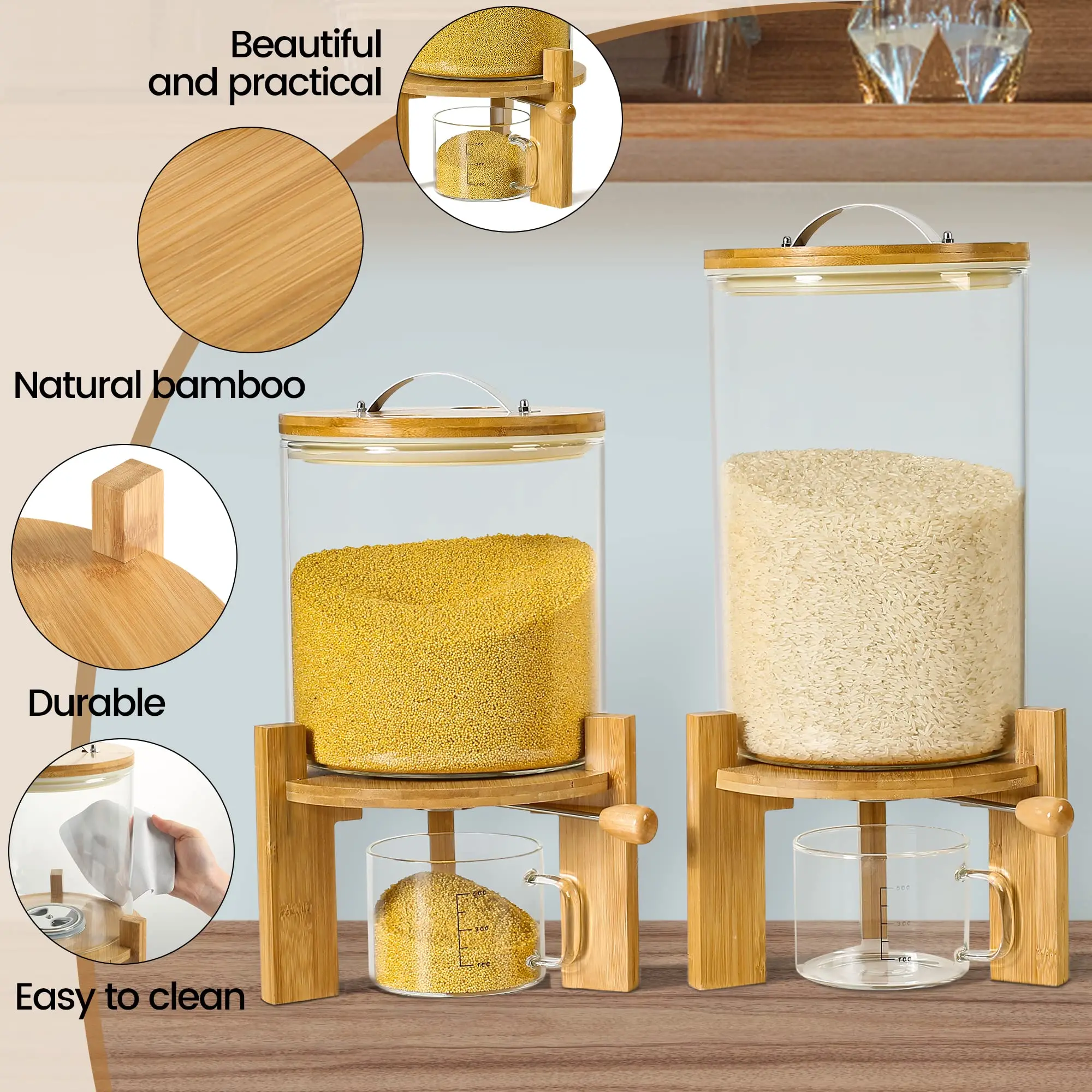 Glass Rice Dispenser With Airtight Lid Bamboo Stand Rice Storage Container Glass Food Storge Container for Kitchen Organization