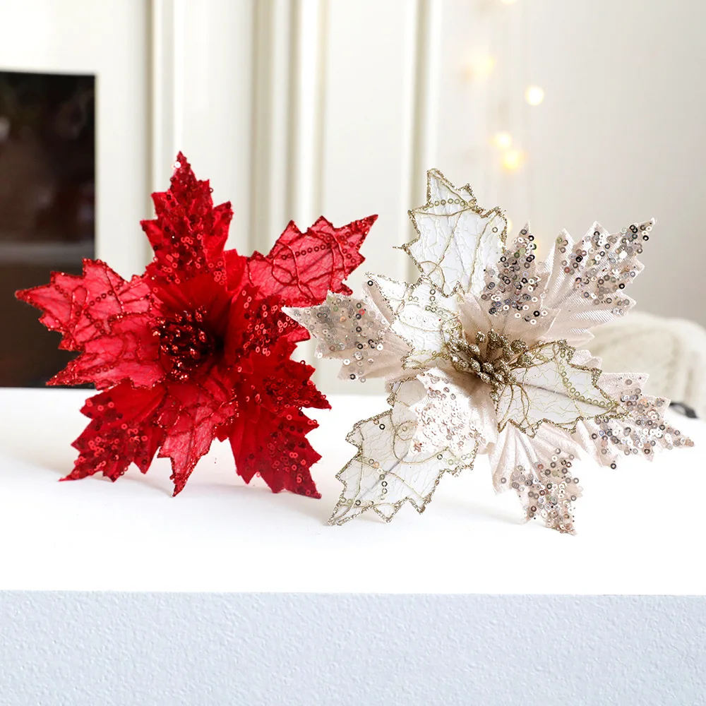 Holiday Xmas Glitter Golden Red Hanging Ornament Artificial Silk Flower Tree Poinsettia for Party Home Decoration