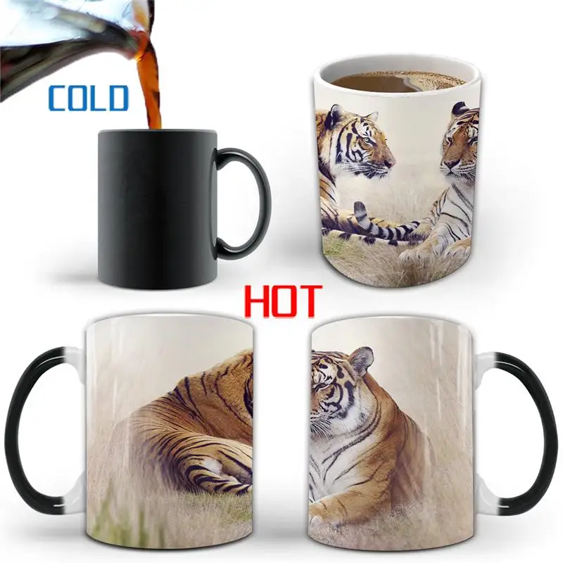 Sublimation Wholesale custom ceramic stoneware 3D tiger lion leopard animal personalized cup color changing ceramic coffee mug