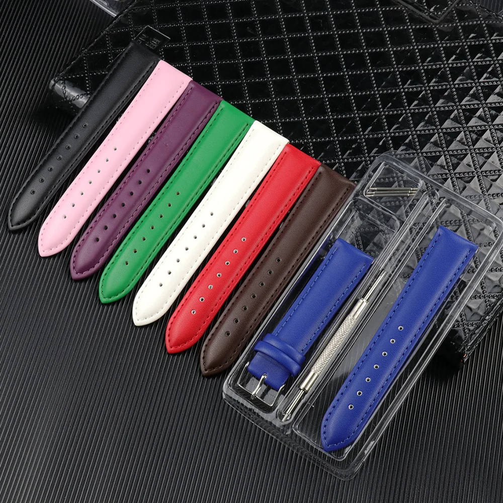Genuine Leather Watch Strap Parts  Black Brown Blue Purple Green Pink 10mm--24mm Watch Band Accessories with Tool Set