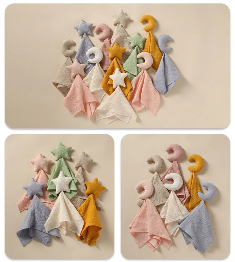 Lovey Moon Star Security Blanket Baby Comfort Toy Blanket Sleep Teether Soothing Baby Cotton Muslin Comforter Blanket