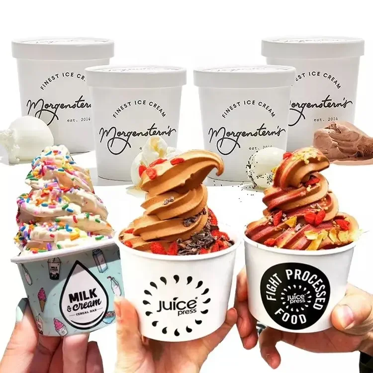 Factory Custom  Ice Cream Cup Frozen Yogurt Gelato Bowls 3/4/5/8/12/16OZ Disposable Round Square Paper Cup With Lid And Spoon