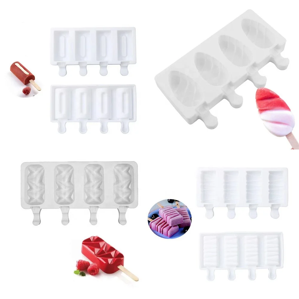 
Food grade 4 cavity oval irregular lattice cylinder stripe shape silicone ice cream mold DIY popsicle mold ice-sucker molds 