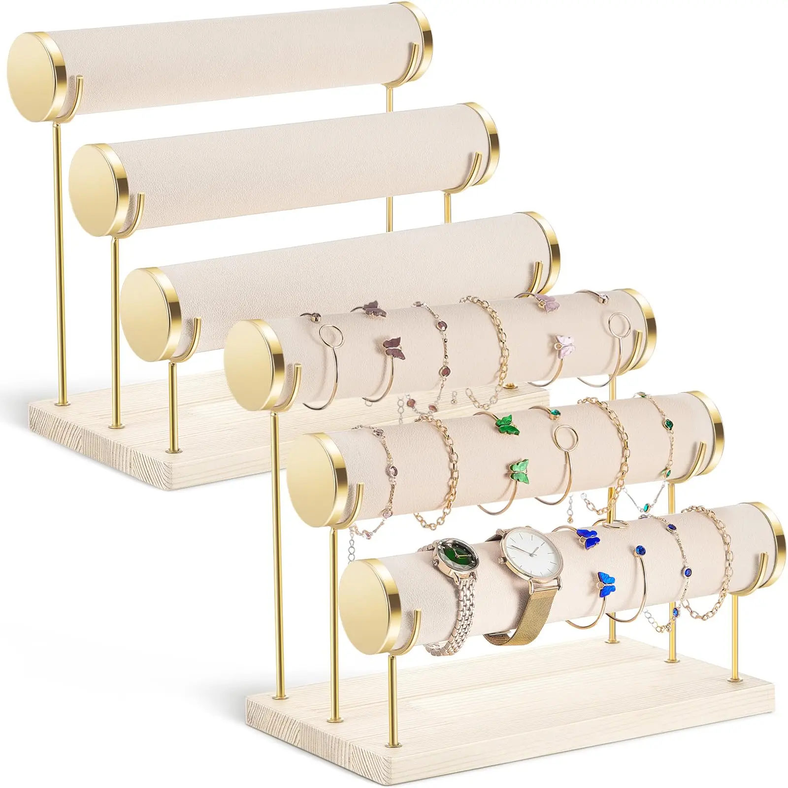 3 Tiers Detachable Bracelet Holder Velvet Jewelry Display Stand Stylish Wrist Watch Organizer with Wooden Tray