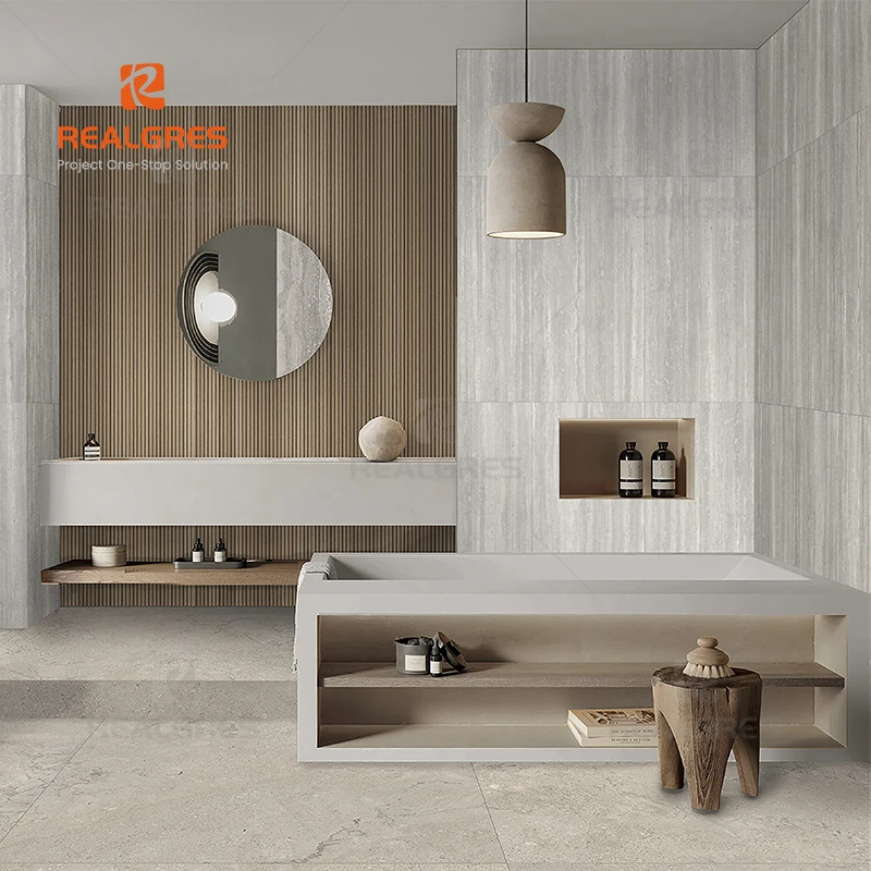 Realgres Bathroom 600x1200 Yellow Slotted Matte Marble Travertine Slab Flooring Travertine Porcelain Tile For Project