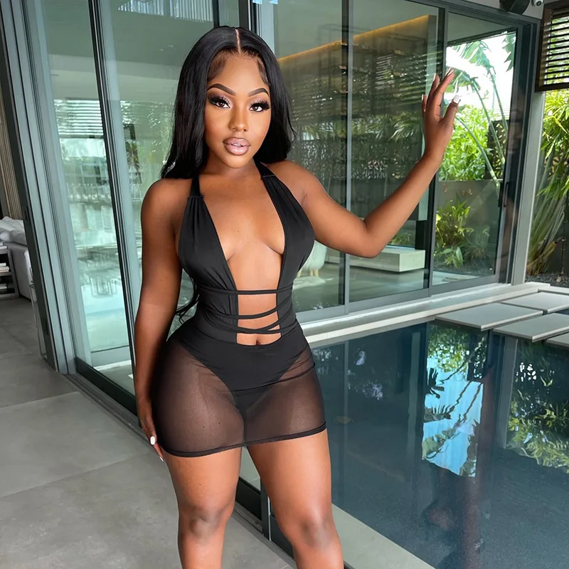 Solid color mesh stitching halter neck lace see-through summer clothing fashion women sexy dresses 2021