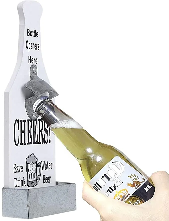 Wooden Wall Mounted Beer Corkscrew with Collection Container Rustic Look Beer Corkscrew Bottle opener on the wall