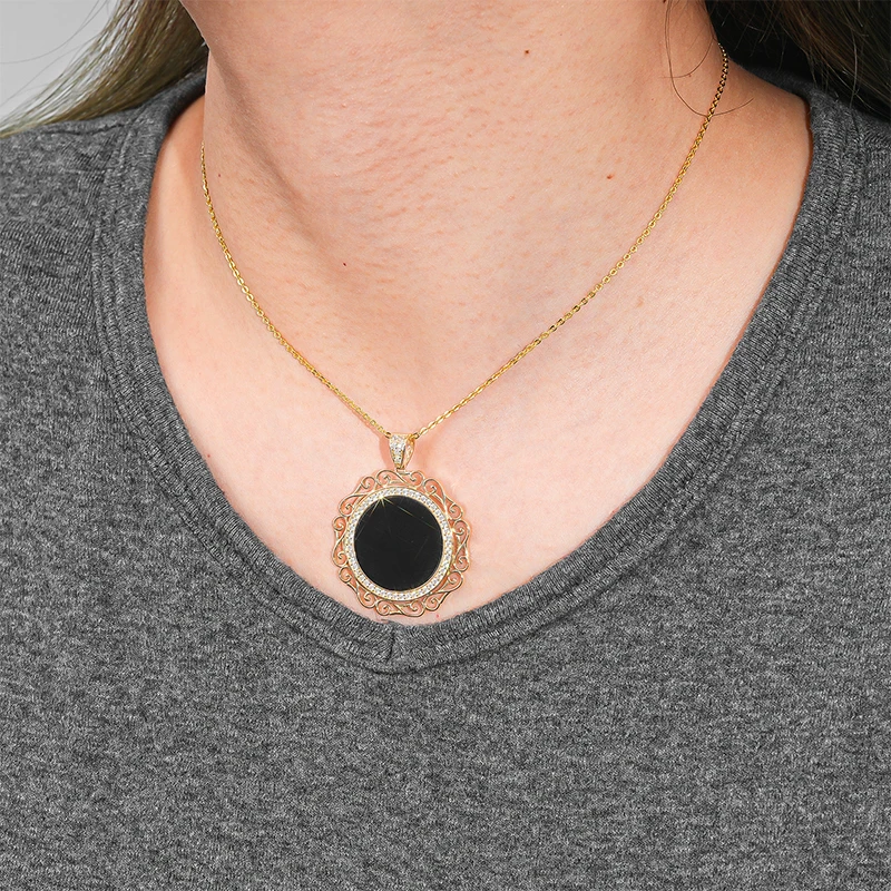 Brilliant Real 14K Solid Gold Pendant CZ Stones Halo Cubic Zirconia Black Onyx Circle necklace with 925 Silver Link Chain
