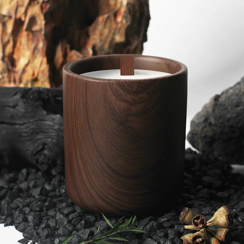 Nordic Walnut Wood Grain Simple Luxury Matte Ceramic Cement Concrete Fragrance Aroma Aromatherapy Scented Soy Wax Candle