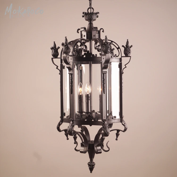 Black gram color vintage American hexagonal glass chandelier Roman Gothic courtyard chandelier