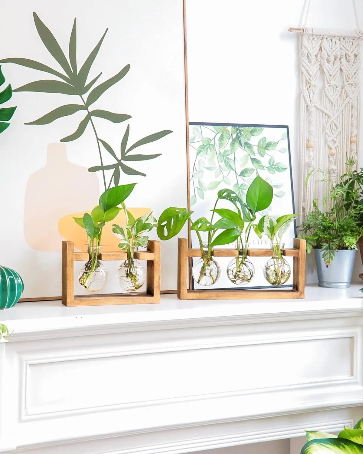 Hot Sale  Wood Plant Holder Glass Plant Bulb Vase with Retro Solid Wooden Stand for Hydroponics Plants Home Garden Wedding Decor