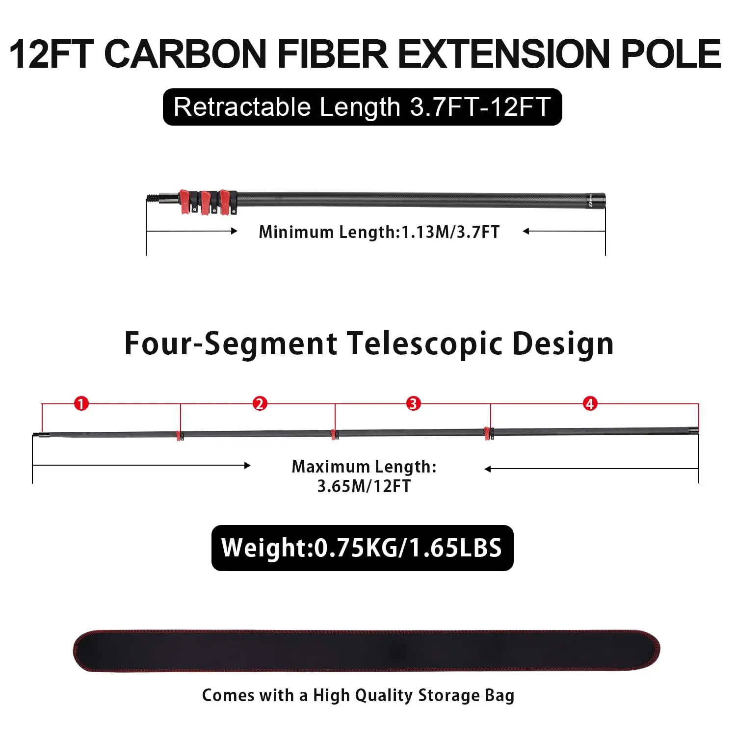 Universal Threaded Head Carbon Fiber Lightweight Sturdy Telescoping Pole for Cleaning Paint Telescoping Extension Pole