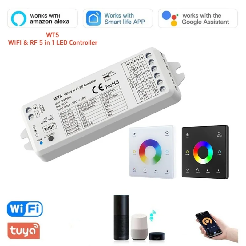Tuya WiFi RF 5 1 светодиодный контроллер WT5 2 4G стеклянная Сенсорная панель Пульт дистанционного управления диммер CCT RGB RGBW RGBCCT полоска света совместим с TW5