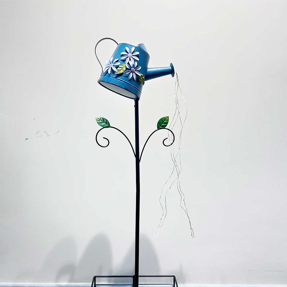Outdoor Garden Metal Blue Kettle Stake with Micro Chain LED Solar Lights Watering Can Decoration Ornament
