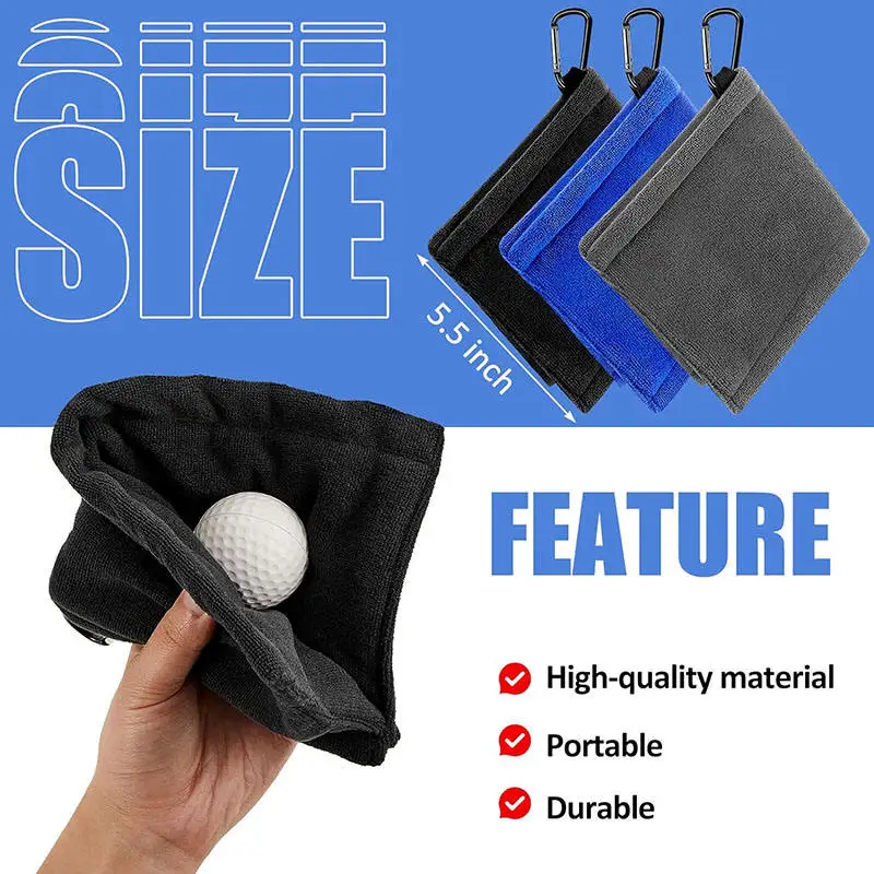 Golf Cart Wipe Cleaner Microfiber Water Absorption Clean Golf Club Head Square Golf Balls Cleaning Towel with Carabiner Hook