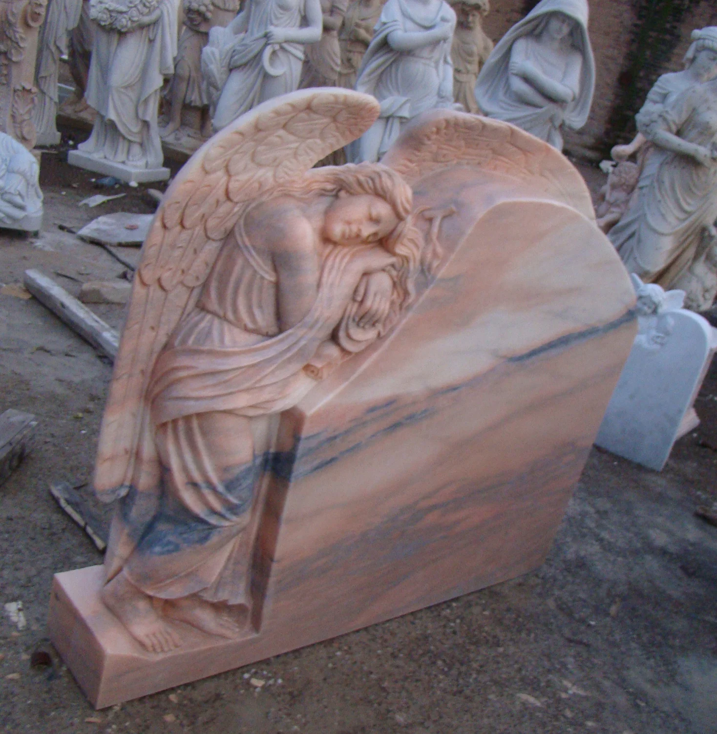 Customized Hand Carved Stone Carving Sunset Red Marble Angle Memorial Tombstone