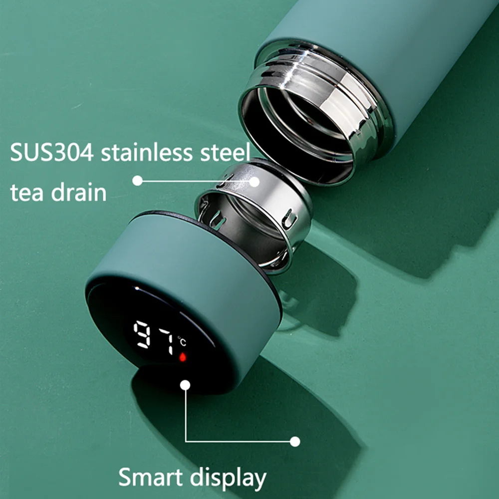 Rubber paint soft touch Forest green color thermos water bottle with LED temperature display