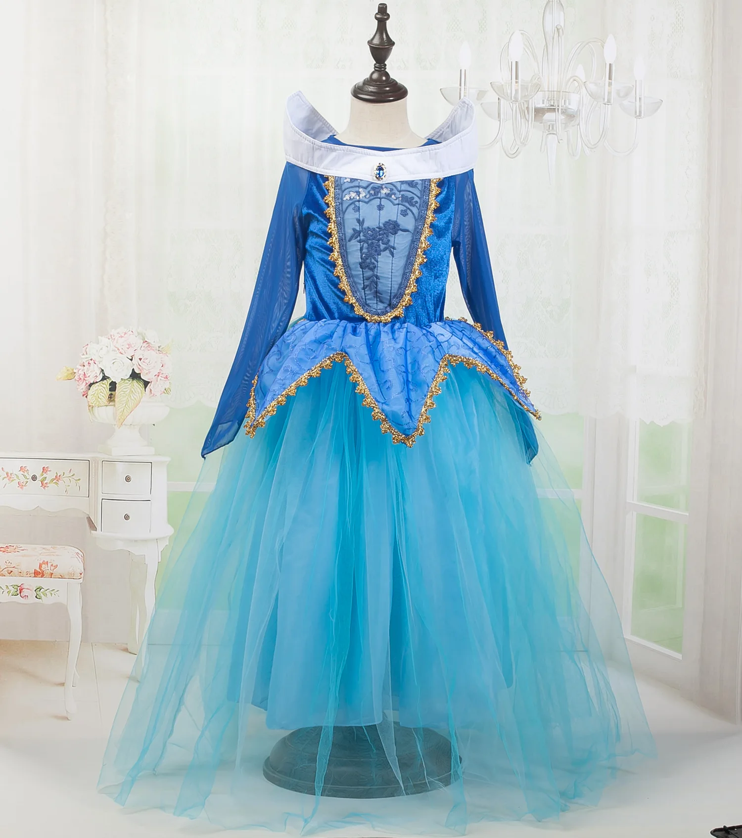 Q52   Children Party Frock New Design Long Sleeves Sofia Princess Smocked Children Clothing Party Dress