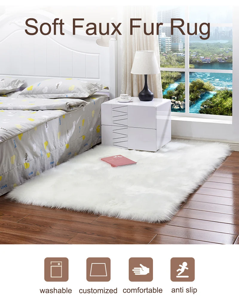 Custom Soft Faux Fur Rug Fluffy Rug White Fuzzy Machine Washable Shaggy Rug for Bedroom sofa Chair and Living Room