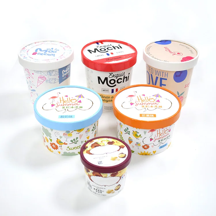 wholesale small disposable ice cream cup with lids custom printed cardboard ice cream paper cups with lids and spoons