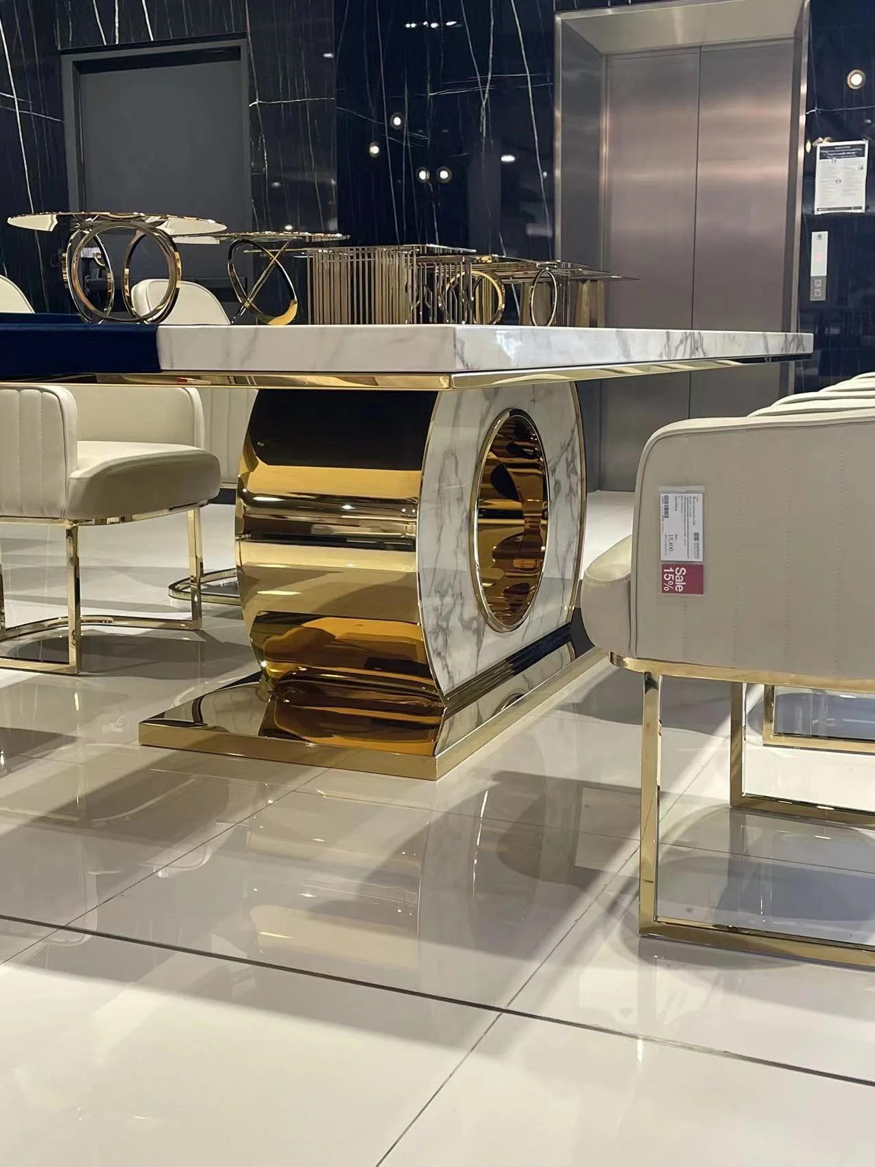 AN08  Luxury   round  Coin  gold chromed dining table set 10 seater marble table  chair set