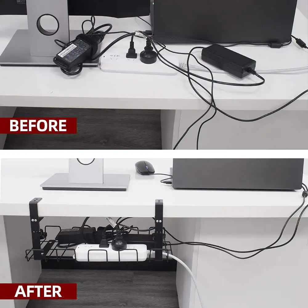 Amazon no-drill power strip storage rack, office desk wire organizer, cord holder with adjustable hanging basket.