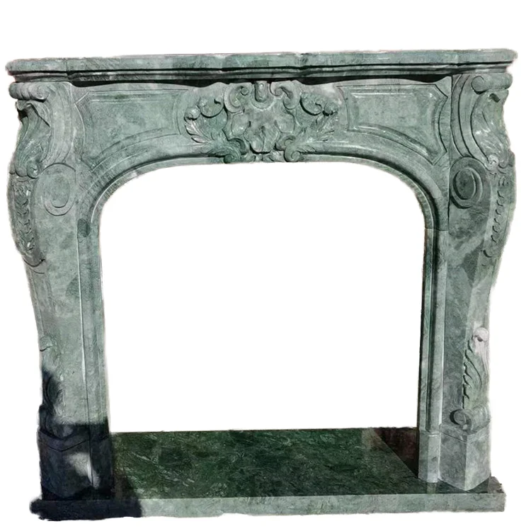 Freestanding indoor dark green marble fireplace surround mantel shelves