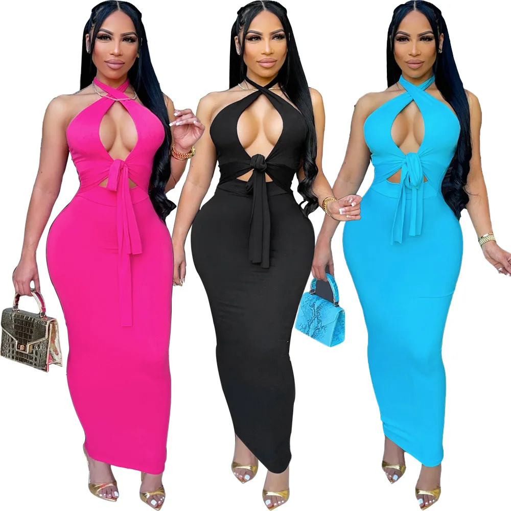 WJ5226 Summer Fashion Sexy Solid Color Slimming Halter Neck Open Chest Open Back Women Elegant Casual Dresses