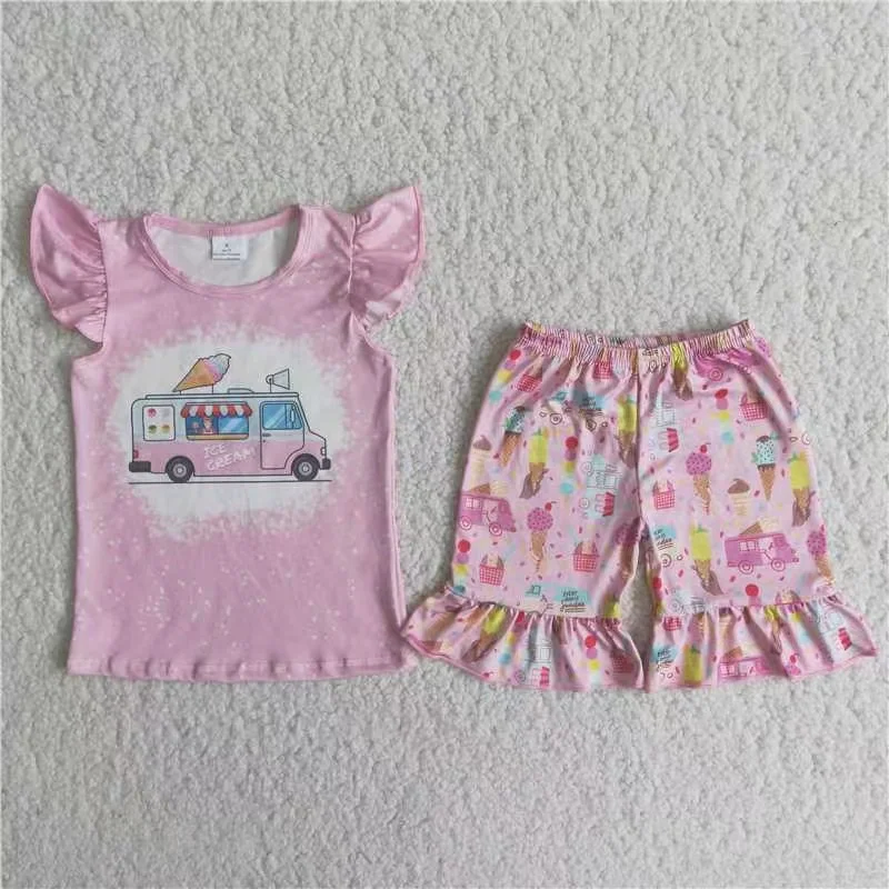 GSSO0260 toddler girls outfit sets County fair popcorn balloon cotton candy bleached pink short sleeved printed blue lace shorts