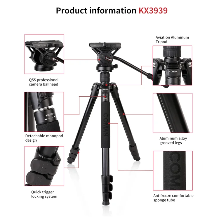 Coman 1.8M favorable KX3939  aluminum Universal  tripod for wholesale factory supply