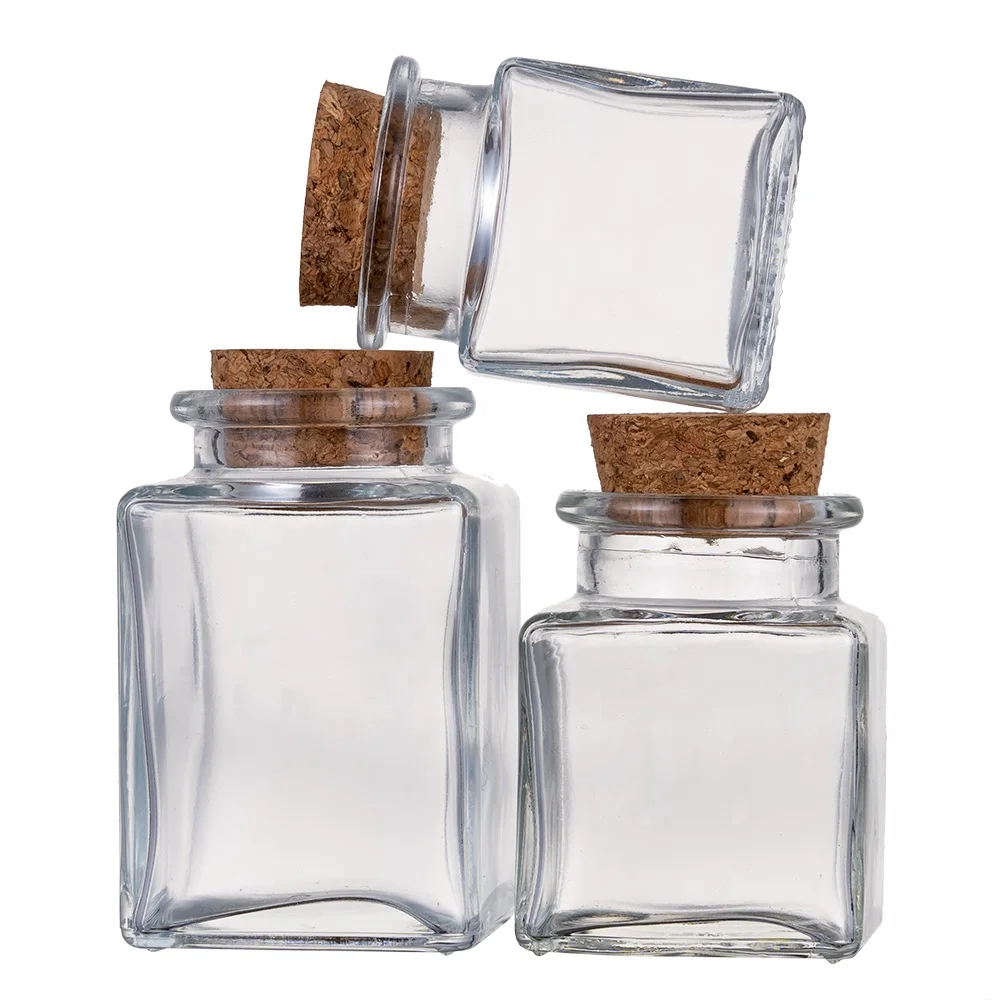 wholesale 50ml 70ml 100ml Eco-friendly cork stopper lid clear glass jar mini square glass spice bottle for saffron