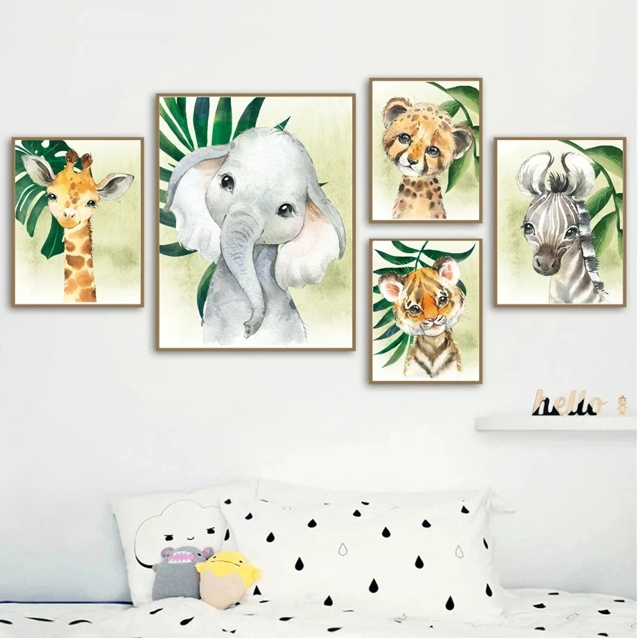 Yong Animal Horse Tiger Elephant Giraffe Wall Art pictures And posters Print on canvas oil painting For kids Room home Decor
