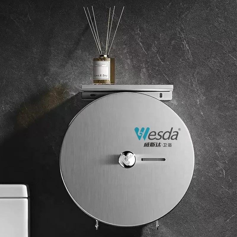 WESDA Public Bathroom Lockable Wall Mount Stainless Steel Roll Tissue Holder Commercial Jumbo Toilet Paper Dispenser with Shelf
