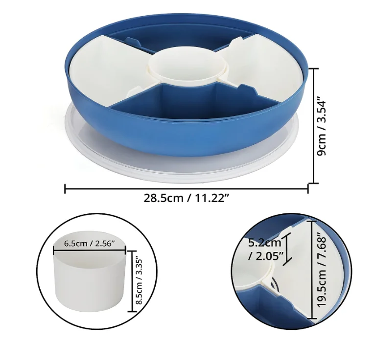 Divided Round Platter Serving Tray with Lid 5 Compartment Appetizer Bowl - Reusable Plastic Food Container for Party Snacks