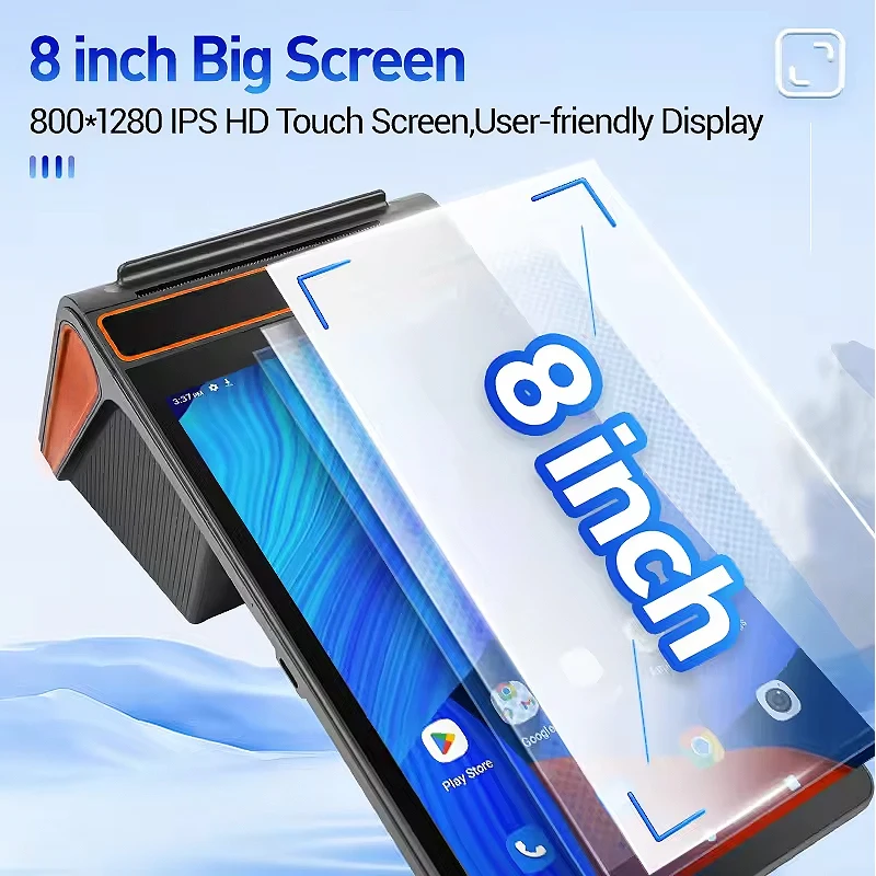 Android 12.0 USB BT WIFI 8 Inch Payment Mobile Smart Handheld Cash Register Portable Handheld Touch Screen Pos Machine with NFC