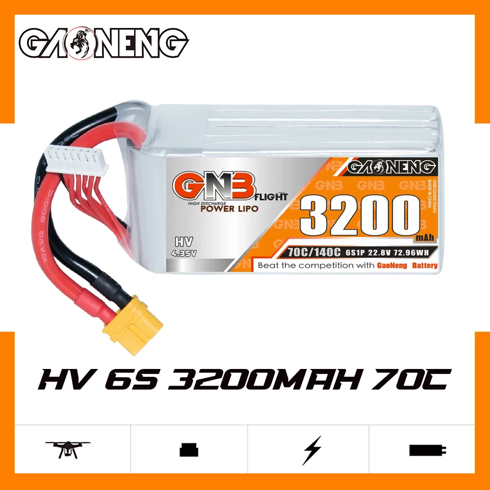 GNB GAONENG LiHV 3200mah 6S 22.8V 70C 140C XT60 RC LiPo Battery for RC Car Drone RC Boat Soft Pack