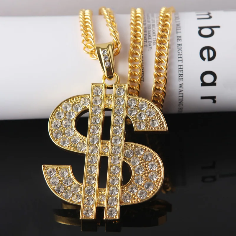 High Quality Man Teen Golden Supplier 18k Gold Plated Hip Hop Ring Diamond Rhinestone Pendant Dollar Sign Necklace