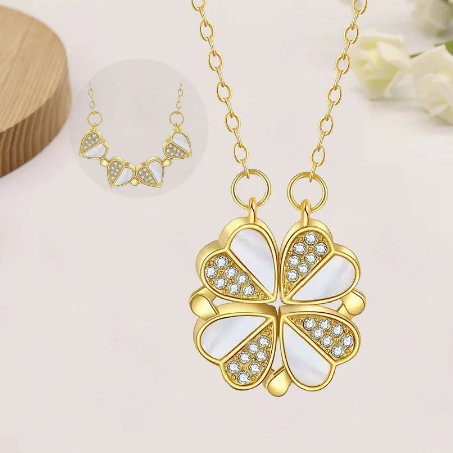 Wholesale Jewelry Fashion Heart Shaped Four Leaf Clover Pendant Magnetic Stainless Steel Zircon Love Clover Necklace for Women