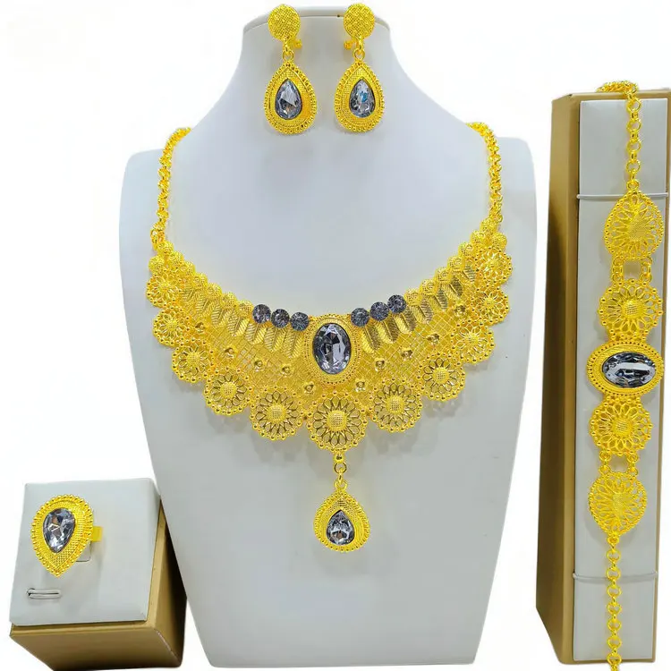 New Bridal Jewelry sets Dubai 24K gold plated African wedding wife gifts necklace bracelet earrings ring jewellery set women
