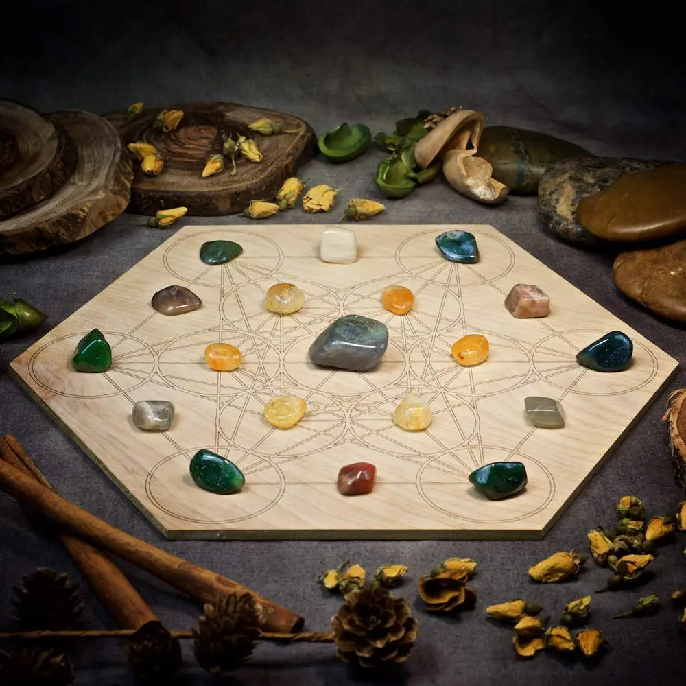 6 Inch Sacred Geometry Grid Board Stress Relief Mini Crystal Grid Set With Amethyst Laser Cut Wood Crystal Grid Mat